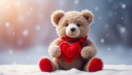 Cute teddy bear toy with hearts on a winter background