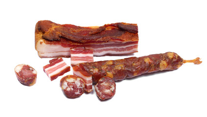 Bacon and traditional homemade Dalmatian sausage isolated on white background, clipping path, side view
