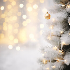 Blurred winter landscape with snowflakes and fir trees branches covered with frost wonderland, bokeh light. Winter mood. Snow covered branches in winter. AI Generative