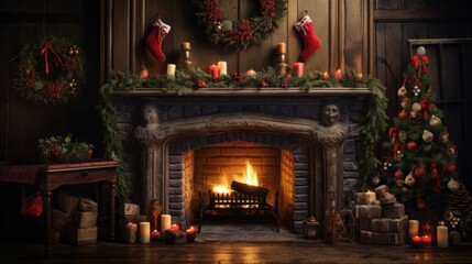  a fireplace in a living room with a christmas tree on the mantle and a christmas tree on the fireplace mantel.