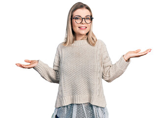 Young blonde woman wearing glasses smiling showing both hands open palms, presenting and advertising comparison and balance