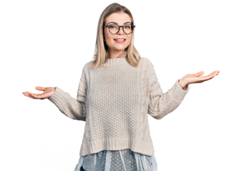 Young blonde woman wearing glasses smiling showing both hands open palms, presenting and advertising comparison and balance