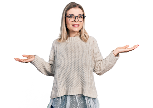 Young blonde woman wearing glasses smiling showing both hands open palms, presenting and advertising comparison and balance