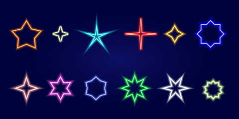 Glowing neon stars isolated on a dark background. Colorful light effect. Bright illuminated star shapes. Fashion party. Vector illustration