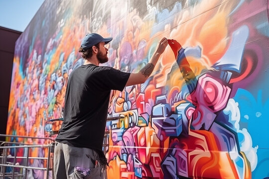 Graffiti writer painting his picture on the wall - Contemporary artist at work - Urban lifestyle,street art concept