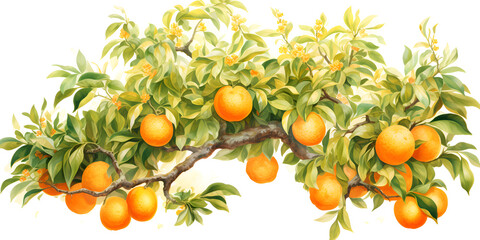 Watercolor illustration of mandarines on a tree with green leaves isolated on white background	