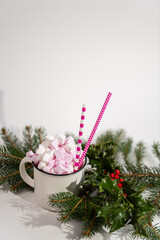 Cappuccino with marshmallow in mug and fir-tree branches on white table