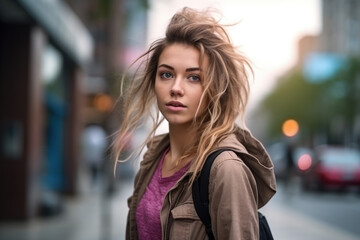 Fototapeta premium A woman wearing a hooded jacket and a backpack looks at the camera