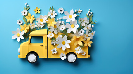 Toy car with flowers before blue background