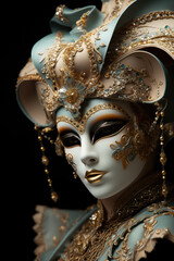 Closeup of a beautiful woman in an ornate Venice Carnival Mask