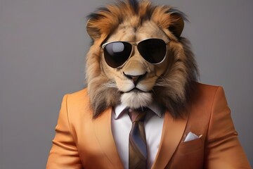 lion wearing glasses and a suit - obrazy, fototapety, plakaty