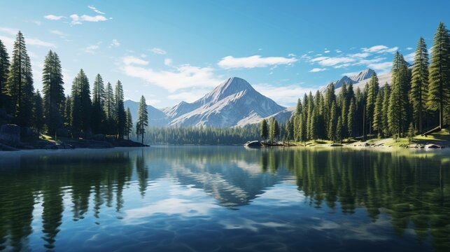 A tranquil mountain lake reflecting the surrounding forest under a clear blue sky with wispy clouds. © Image Studio