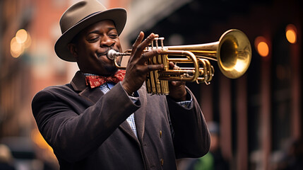 A trumpet player wearing a hat and playing a trumpet in a street. ai generative - obrazy, fototapety, plakaty