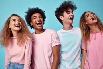 A group of young people wearing pink and blue shirts are laughing together