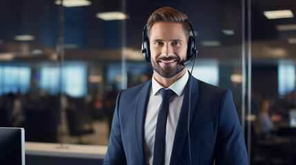 A professional man dressed in an elegant suit working as a call center manager. ai generative - obrazy, fototapety, plakaty