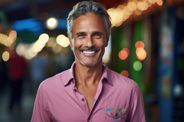 Fototapeta premium A man in a pink shirt smiles for the camera