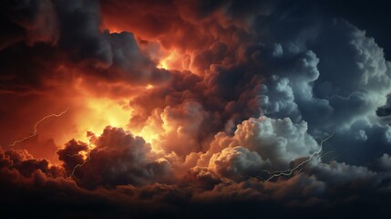 A dramatic cloudscape with stormy weather, capturing the intensity of nature with dark clouds, rain, and an orange sunset - obrazy, fototapety, plakaty