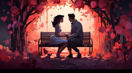 Couple lovers on bench in park, under tree. Valentine's day illustration
