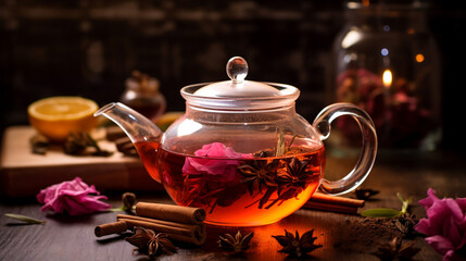 warm healthy tea with echinacea in a transparent teapot. ai generative - obrazy, fototapety, plakaty