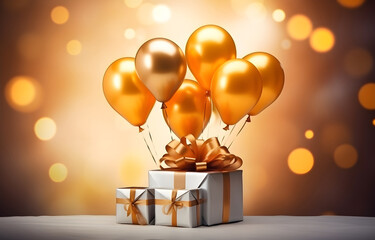 colorful bunch balloons with gift box flying on beige light boke