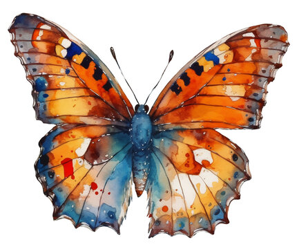 Watercolor illustration of an orange butterfly . Ai generated. Transparent background, png.