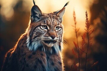 Fototapeta premium Portrait of a lynx (lynx canadensis) sitting in the forest hidden by the foliage and looking at the camera