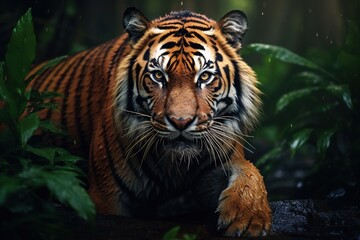 Fototapeta premium bengal tiger standing with bamboo bushes in background