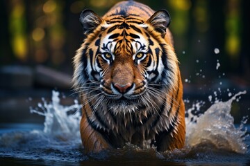 Siberian Tiger running in the water. Dangerous animal, tajga. Animal in green forest stream. Big paw in the water.