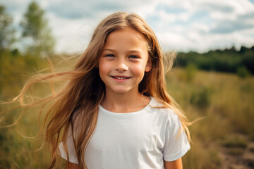 A young girl with long blonde hair wearing a white shirt