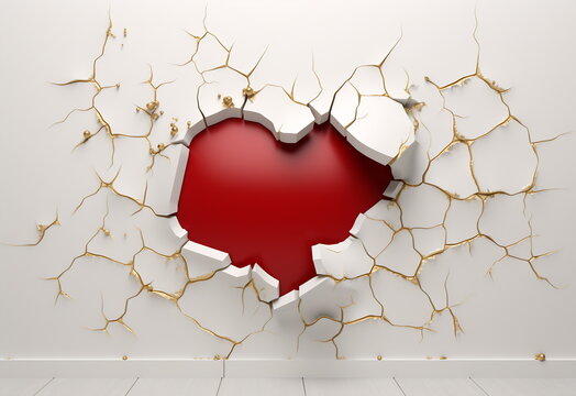 Image of a red golden heart on cracked plaster