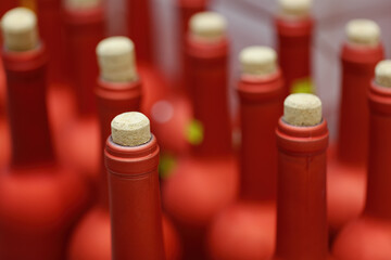 Corks and red wine bottles, unopened bottle of champagne on blur background are standing on the...