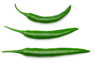 three green hot chili peppers isolated on white background. clipping path. top view