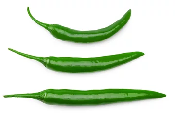  three green hot chili peppers isolated on white background. clipping path. top view © Tatiana