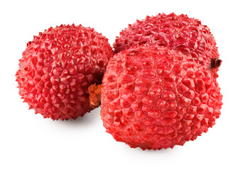 three fresh lychee isolated on white background. macro. clipping path