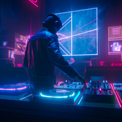 A DJ Mixing in a Dark Room With Neon Lights. A dj mixing in a dark room with neon lights