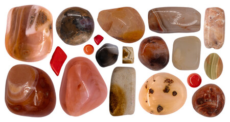 Set  PNG of various red, yellow and orange stones jasper, morganite, amber and others isolated on...