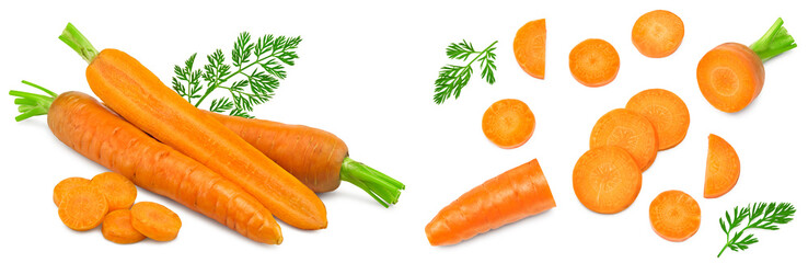 sliced carrot with green leaves isolated on white background. clipping path