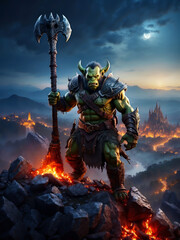 An orc leader on a mountain with a burned down town in the background.