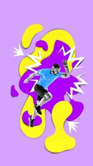 Athletic young man, runner in motion, running marathon, training over colorful background. Contemporary art collage. Concept of professional sport, competition, dynamics, action. Creative poster
