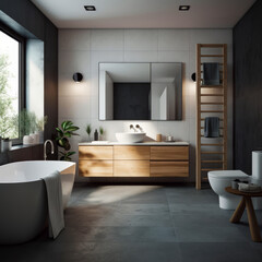 Fototapeta na wymiar A real realistic looking bathroom with modern furniture. A bathroom with a large window and a white tub