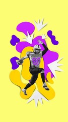 Young man, American football player in motion, running with ball during game over colorful background. Contemporary art collage. Professional sport, competition, championship concept. Creative poster