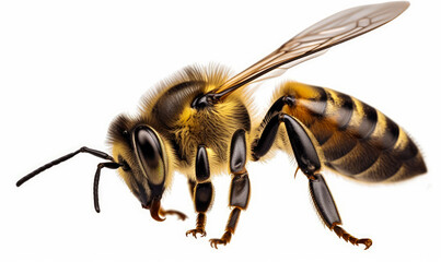 A stunning bee is flying isolated on transparent background. A close up of a bee on a white background