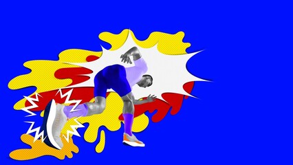 Competitive concentrated young man, marathon runner in motion, running over colorful background. Pop art. Contemporary art. Concept of professional sport, competition, championship. Creative poster