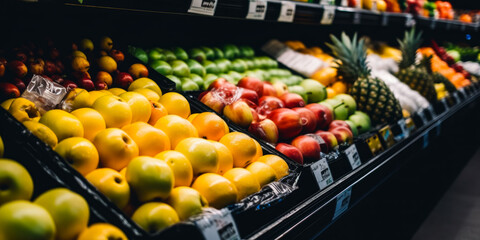 Candid photograph shopping for groceries fruits. A produce section of a grocery store filled with fruits and vegetables