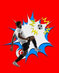 Young man, football player training, hitting ball with knee over colorful background. Pop art....