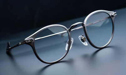 Design a fashionable and retro metal eyeglasses. A pair of glasses sitting on top of a table - obrazy, fototapety, plakaty