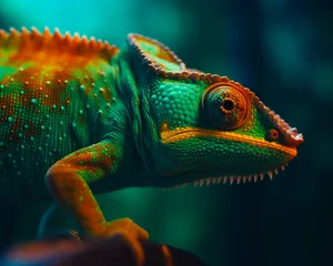 Zelfklevend Fotobehang Green colored chameleon close up smooth sharpness grading. A close up of a green and orange chamelon © Vadim