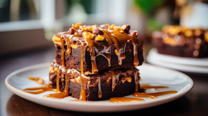Chocolate brownie cake with caramel and nuts on a white plate. Delicious pastries