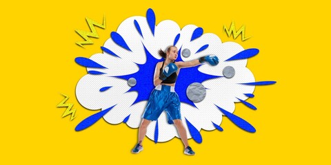 Young athletic woman, boxer in motion, fighting over colorful background. Pop art. Contemporary art collage. Concept of professional sport, competition, championship, action. Creative poster