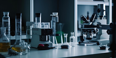 Modern medical research laboratory with a microscope. A counter with a bunch of laboratory equipment on it - obrazy, fototapety, plakaty